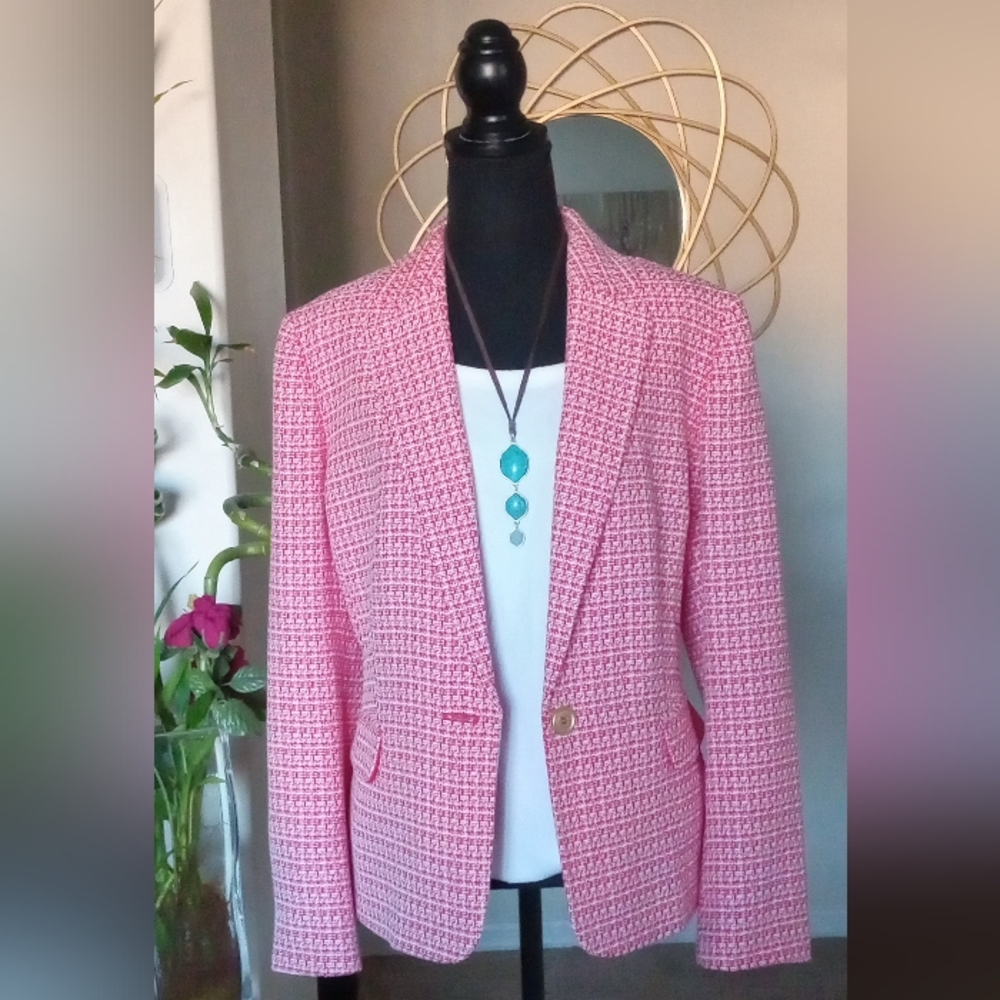 Le Suit Heart Beat Red & WhiteTweed Single Breasted Blazer Jacket 100% Polyester